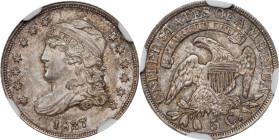 1837 Capped Bust Half Dime. LM-1, V-3. Rarity-1. Large 5 C. MS-65 (NGC).
A predominantly silver-gray example with enhancing blushes of warm olive-rus...