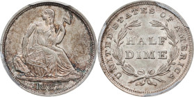 1837 Liberty Seated Half Dime. No Stars. Small Date. MS-63 (PCGS).
This is the (slightly) scarcer date logotype for the 1837 Liberty Seated half dime...