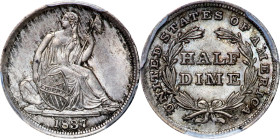 1837 Liberty Seated Half Dime. No Stars. Large Date. MS-63 (PCGS).
A wonderfully original Choice Uncirculated example that would make a delightful ad...