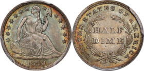1840 Liberty Seated Half Dime. No Drapery. MS-66+ (PCGS). CAC.
This lovely Gem is toned in a blend of vivid reddish-gold and softer powder blue, oliv...