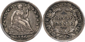 1846 Liberty Seated Half Dime. V-1. EF-40 (PCGS).
Discounting the unique 1870-S, the 1846 is the rarest circulation strike issue in the Liberty Seate...