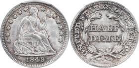 1849/6 Liberty Seated Half Dime. V-1, FS-301. MS-64 (PCGS).
This 1849 half dime represents one of the most intriguing, yet also puzzling varieties in...