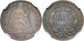 1859 Liberty Seated Half Dime. Proof-67 (NGC).
The strike is sharp and the surfaces are pristine on both sides of this incredible Liberty Seated half...
