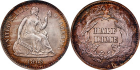 1863 Liberty Seated Half Dime. V-1. Repunched Date. MS-65 (NGC).
A lovely Gem with vivid pinkish-silver, reddish-orange and steel-blue iridescence th...