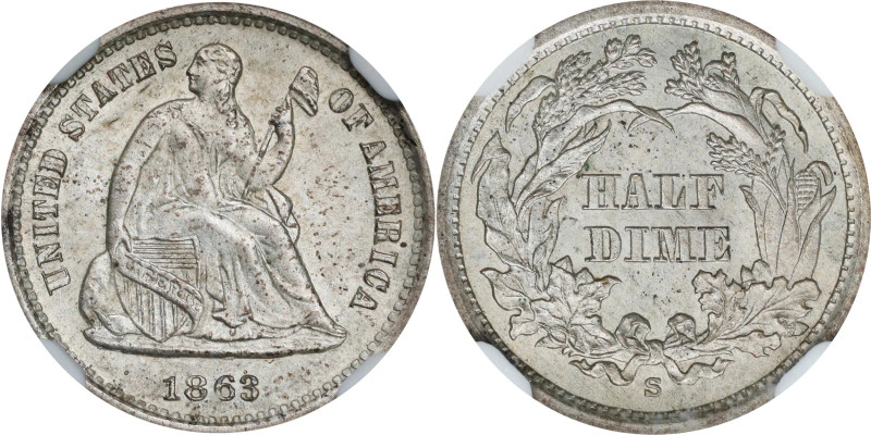 1863-S Liberty Seated Half Dime. MS-66 (NGC).
Soft satiny luster flows serenely...