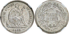 1863-S Liberty Seated Half Dime. MS-66 (NGC).
Soft satiny luster flows serenely over lightly toned surfaces in pearl and olive-gray. Striking detail ...