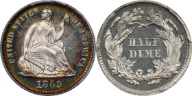 1869 Liberty Seated Half Dime. Proof-65 Cameo (PCGS).
Gorgeous peripheral toning on the obverse competes with brilliance elsewhere to enhance the vis...