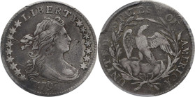 1797 Draped Bust Dime. JR-1. Rarity-4. 16 Stars. VF Details--Bent (PCGS).
The two die marriages that make up the 1797-dated Draped Bust dime issue ar...