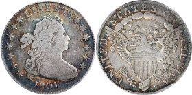 1801 Draped Bust Dime. JR-2. Rarity-4+. Fine-12 (PCGS).
A mostly golden-gray sheen to the surfaces is interrupted by mottled blue-gray and sea-green ...