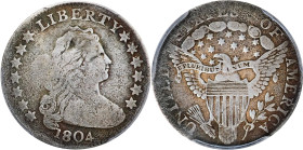 1804 Draped Bust Dime. JR-2. Rarity-5. 14 Stars on Reverse. VG Details--Environmental Damage (PCGS).
Otherwise dominant dove-gray patina yields to wa...