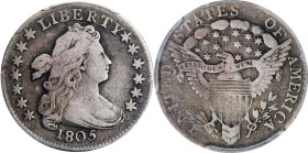 1805 Draped Bust Dime. JR-2. Rarity-1. 4 Berries. Fine-12 (PCGS).
A lovely coin for the grade that would do nicely in a circulated type set. Original...