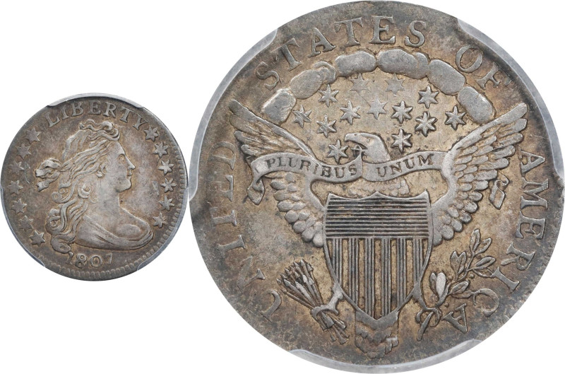 1807 Draped Bust Dime. JR-1. Rarity-1. AU-50 (PCGS).
The 1,000 to 1,500 coins e...