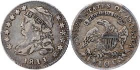 1811/09 Capped Bust Dime. JR-1. Rarity-3. VF-25 (PCGS).
A handsome piece with champagne highlights over otherwise medium gray patina. Nicely centered...