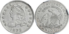 1822 Capped Bust Dime. JR-1. Rarity-3+. AU-53 (NGC).
The mintage of 100,000 pieces often reported for this issue is clearly incorrect as 1822 dimes h...
