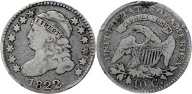 1822 Capped Bust Dime. JR-1. Rarity-3+. VG-8 (PCGS).
A mostly pewter-gray example with bold outline definition to all devices that allows full apprec...