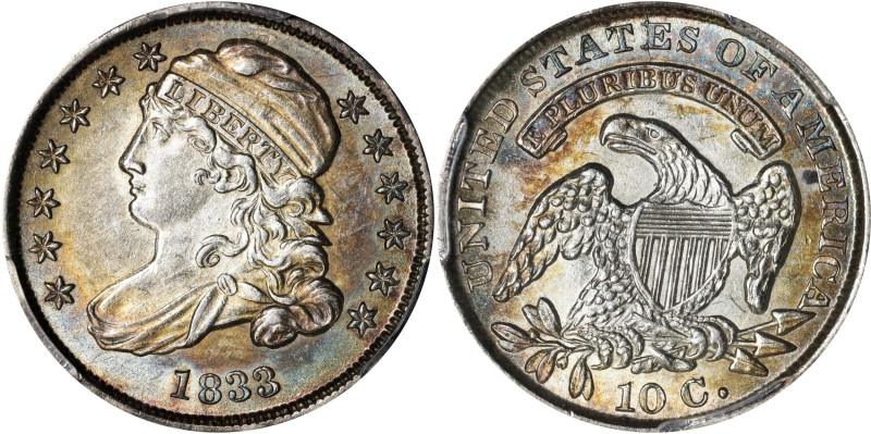 1833 Capped Bust Dime. JR-4. Rarity-2. MS-63 (PCGS).
Attractive surfaces are lu...