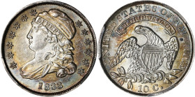 1833 Capped Bust Dime. JR-4. Rarity-2. MS-63 (PCGS).
Attractive surfaces are lustrous, softly frosted, and lightly toned in iridescent powder blue an...