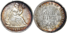 1837 Liberty Seated Dime. No Stars. Fortin-101a. Rarity-2. Large Date. Repunched Date. MS-62+ (PCGS).
Lovely reddish-rose and steel-blue iridescence ...