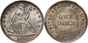 1838 Liberty Seated Dime. No Drapery. Fortin-101a. Rarity-3. Small Stars. Doubled Die Reverse. MS-63 (PCGS).
Lustrous and satiny with a crisp strike,...