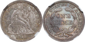 1858 Liberty Seated Dime. MS-66 (NGC).
This is a warmly patinated, handsomely original example with a bold strike to satiny surfaces. A high mintage ...