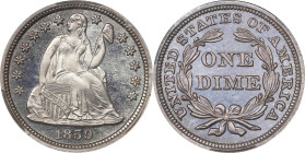 1859 Liberty Seated Dime. Fortin-101. Rarity-4. Proof-66+ Cameo (CACG).
A fabulously preserved premium quality Gem from the first year that mintage f...