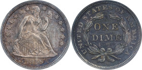 1859 Liberty Seated Dime. Fortin-101. Rarity-4. Proof-63 (NGC).
The 1859 is an early Proof Liberty Seated dime with a reported mintage of 800 pieces....