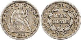 1859-S Liberty Seated Dime. Fortin-101. Rarity-4. VF-30 (PCGS).
From a limited mintage of 60,000 pieces, most examples of which were eventually melte...