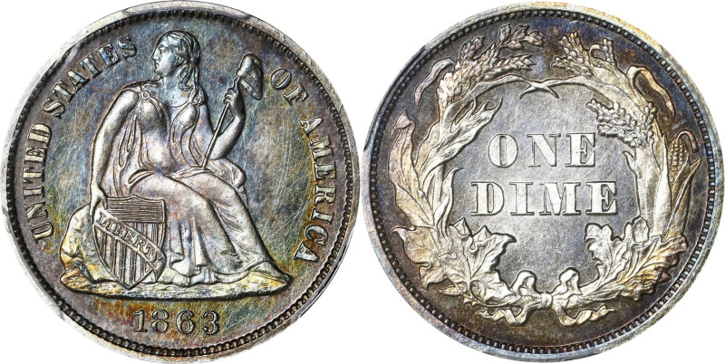 1863 Liberty Seated Dime. Fortin-101. Rarity-4. Proof-64 (PCGS).
Just 460 Proof...