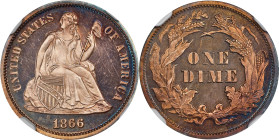 1866 Liberty Seated Dime. Fortin-102. Rarity-3. Proof-67 Cameo (NGC).
A visually stunning piece with heavily frosted motifs and richly mirrored field...
