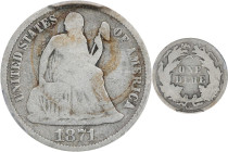 1871-CC Liberty Seated Dime. Fortin-101. Rarity-4+. Good-6 (PCGS).
Silver, light pewter and pale russet patina engages the surfaces of this well worn...