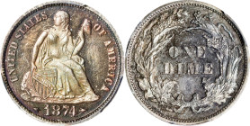 1874 Liberty Seated Dime. Arrows. Fortin-101. Rarity-3. Proof-66 (PCGS).
Elegant toning in reddish-gold and antique gold on the obverse, gently mottl...