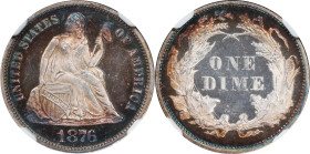 1876 Liberty Seated Dime. Type I Reverse. Fortin-101. Rarity-4. Proof-66 Cameo (NGC).
Boldly toned in rich cobalt blue and reddish-gold peripheral ir...