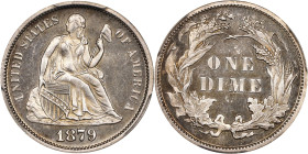 1879 Liberty Seated Dime. Fortin-103a. Rarity-4. Repunched Date. MS-64 PL (PCGS).
Enough dimes were in circulation by the end of the 1870s that there...