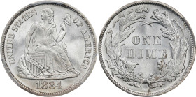 1884 Liberty Seated Dime. MS-67 (PCGS). CAC.
A few blushes of peripheral golden iridescence hardly deny brilliance for this bright, satiny, snow-whit...