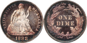 1888 Liberty Seated Dime. Fortin-101. Rarity-4. Proof-67 Cameo (PCGS). CAC.
A glorious Superb Gem Proof, champagne-pink centers are framed in warmer ...