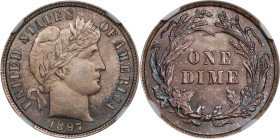 1897 Barber Dime. MS-67 (NGC).
Richly original toning in blue-gray and steely-pink with strong underlying luster in a smooth, frosty texture. While t...