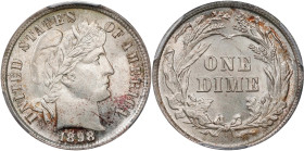 1898 Barber Dime. MS-67 (PCGS).
Lightly toned in wisps of iridescent gold and red, this beautiful Gem also offers sharply struck devices and strong m...