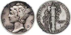 1916-D Mercury Dime. VF-35 (NGC).
A bold mid-grade example of this key date Mercury dime issue. Warmly toned in sandy-gray and pewter, both sides rev...