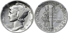 1916-D Mercury Dime. VF-30 (NGC).
Brilliant silver gray surfaces offer bold Choice VF detail and faint traces of softly frosted luster. A shallow scr...