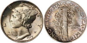 1917-S Mercury Dime. MS-66 FB (PCGS).
Pretty champagne-gold patina with blushes of iridescent pink and powder blue further enhancing the reverse. Ful...