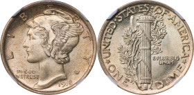 1918 Mercury Dime. MS-66+ FB (NGC).
A lovely example with a dusting of warm champagne-gold iridescence to smooth, satiny mint luster. Although the 19...