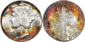 1939-D Mercury Dime. MS-69 FB (PCGS). OGH.
Richly lustrous silver surfaces are accented with splashes of orange-copper, deep rose and cobalt blue iri...