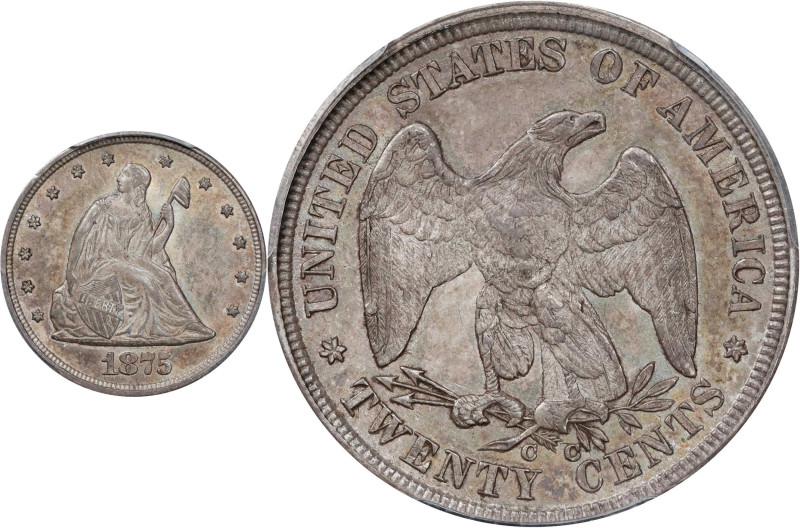 1875-CC Twenty-Cent Piece. BF-4. Rarity-2. MS-63 (PCGS).
A satiny, warmly toned...