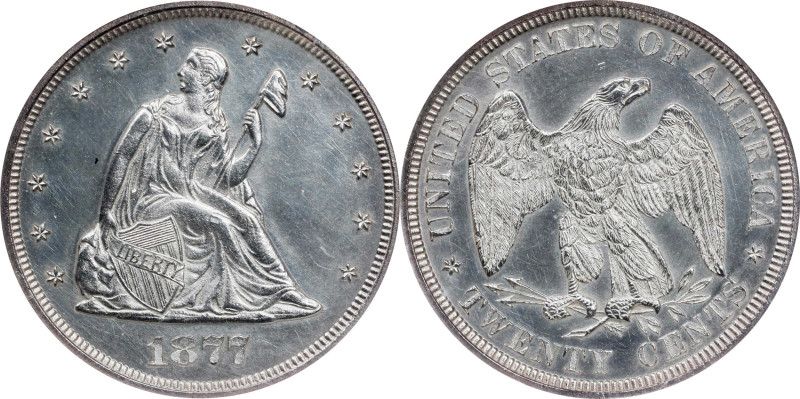 1877 Twenty-Cent Piece. Proof-63 (NGC).
The 1877 date in the twenty-cent series...