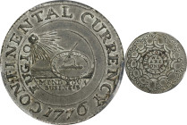 "1776" (1783) Continental Dollar. Newman 2-C, W-8455. Rarity-3. CURRENCY. Pewter. MS-62+ (PCGS). CAC. CMQ.
250.7 grains. The reverse is rotated 90 de...