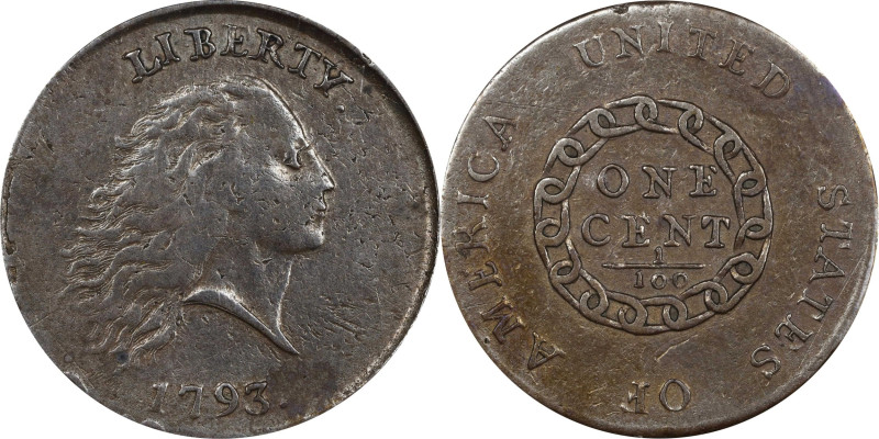 1793 Flowing Hair Cent. Chain Reverse. S-4, B-5. Rarity-3. AMERICA, With Periods...