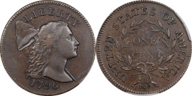 1796 Liberty Cap Cent. S-81, B-2. Rarity-3. AU-55 (PCGS). CMQ.
This is a newly discovered rarity with provenance to the historic port city of Nantes,...