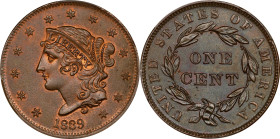 1839 Modified Matron Head Cent. N-13. Rarity-2. Booby Head. MS-66+ RB (CACG).
A gorgeous and wholly satisfying premium Gem, among the finest certifie...