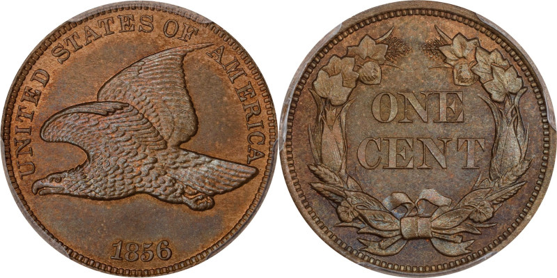 1856 Flying Eagle Cent. Snow-9. Proof-65 (PCGS).
A boldly toned, beautiful exam...