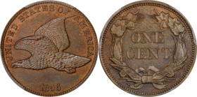 1856 Flying Eagle Cent. Snow-9. Proof-65 (PCGS).
A boldly toned, beautiful example of the historic and perennially popular 1856 Flying Eagle cent. Bo...